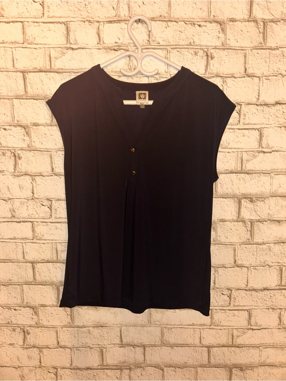 Anne Klein Black V-Neck Short Sleeve Top with Gold Buttons